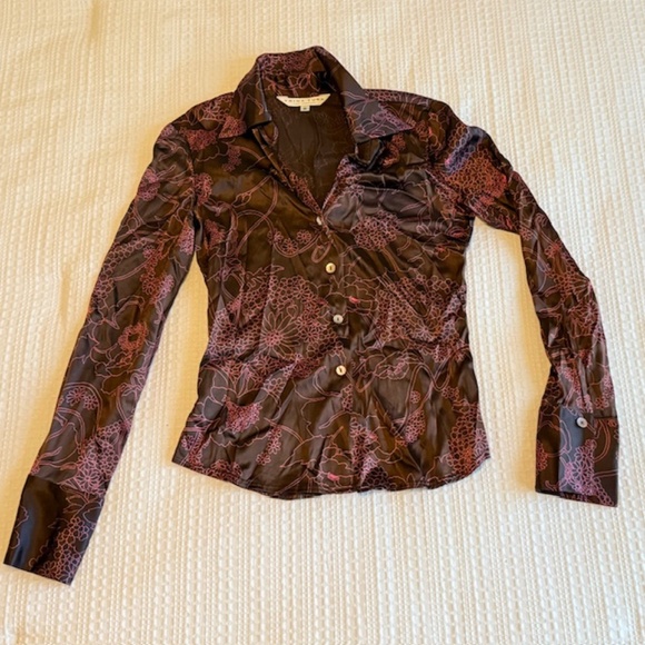Trina Turk Brown & Pink Floral Silk Stretch Blouse Size Small - Picture 3 of 11